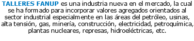 TALLERES FANUP es una industria nueva en el mercado, la cual se ha formado para incorporar valores agregados orientados al sector industrial especialmente en las áreas del petróleo, usinas, alta tensión, gas, minería, construcción, electricidad, petroquímica, plantas nucleares, represas, hidroeléctricas, etc. 